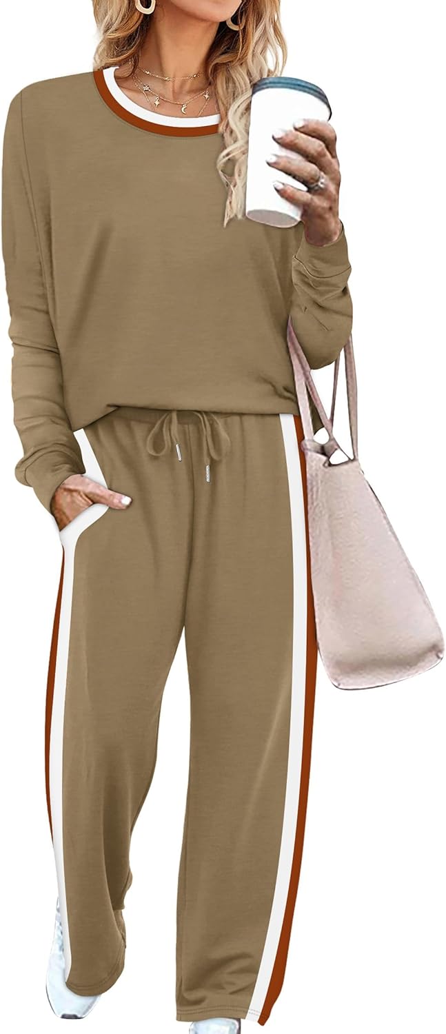 WIHOLL 2 Piece Lounge Sets for Women Long Sleeve Tops Wide Leg Sweatpants Sweatsuits with Pockets