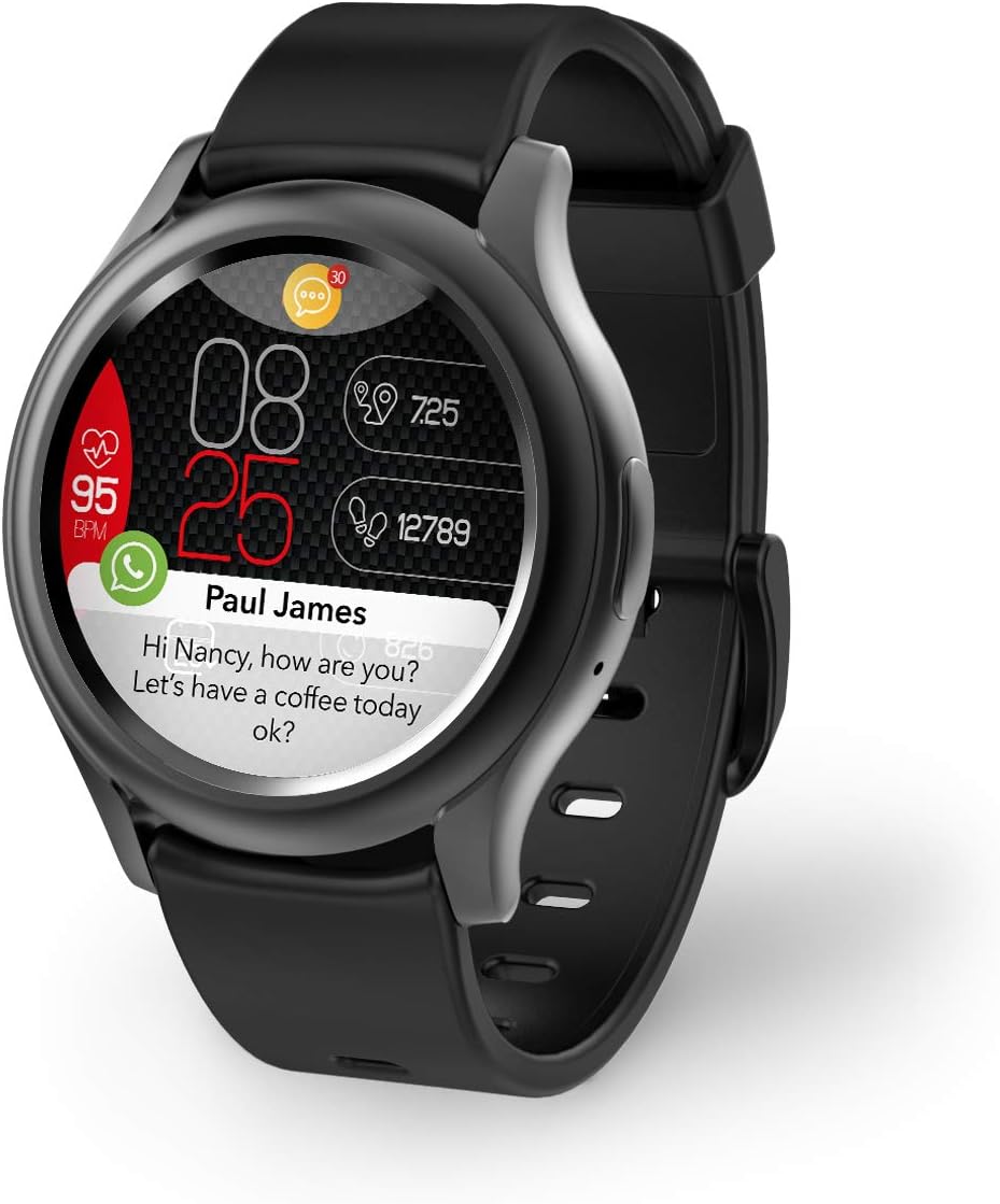 MyKronoz ZeRound3 Smartwatch with Full Round Amoled Display and Heart Rate Monitoring, Swiss Design, iOS and Android - Black/Black Band