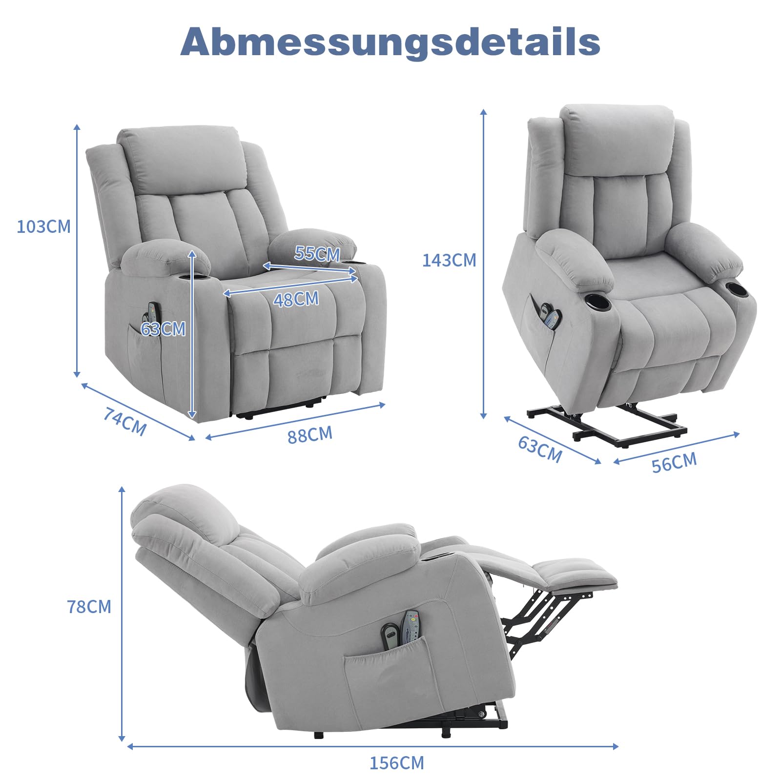 LEADZM Fernsehsessel Relaxsessel mit Aufzug Elektrisch Massagesessel | mit Liegefunktion Aufstehhilfe, Massage Heizung 2 Seitentaschen Getränkehalter, Liegen TV Sessel