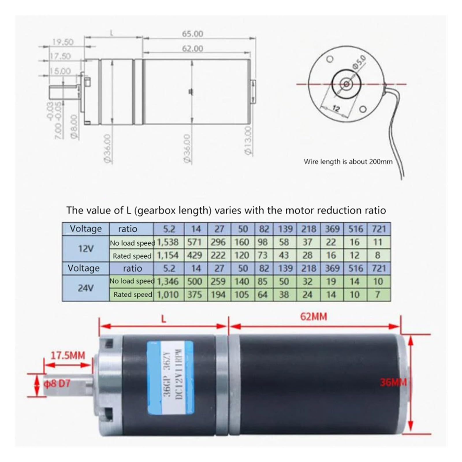 36-36ZY Motore a Ingranaggi epicicloidali CC Reversibile a Bassa rumorosità, Lunga Durata, Coppia Elevata, Regolazione della velocità, 12 V, 8 mm | 160rpm