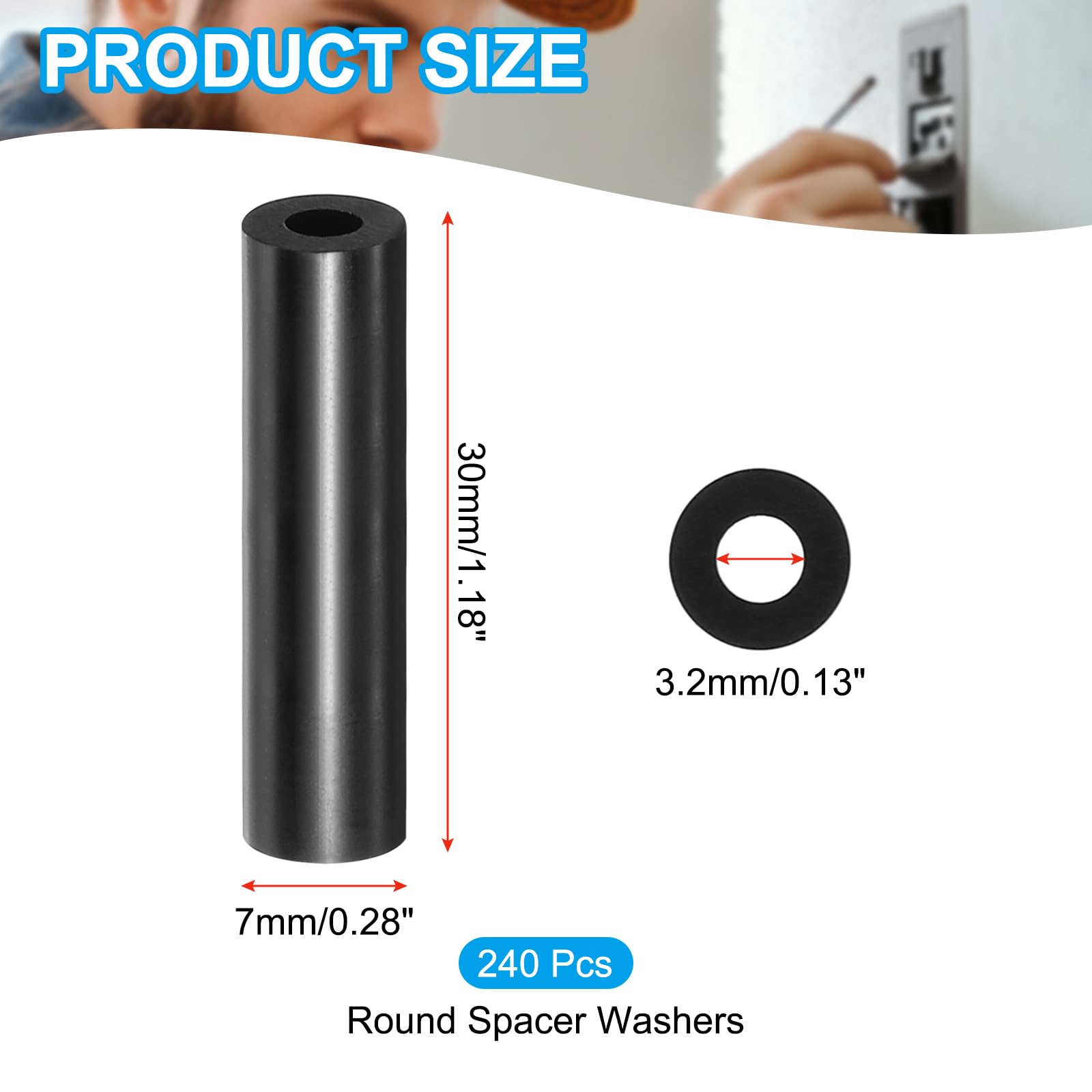 PATIKIL M3 Black ABS ID 3.2mm,OD 7mm,Length 30mm, Nylon Round Spacer Washers - Image 2
