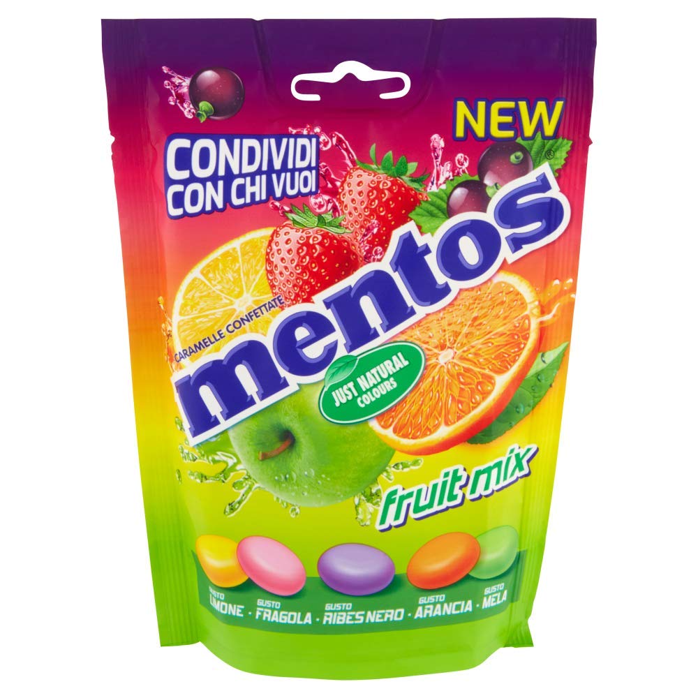 Mentos Fruit Mix, Caramelle Confettate, Gusto Limone, Fragola, Ribes Nero, Arancia, Mela Verde, Confenzione con 7 Buste Richiudibili, Formato Pratico e Comodo da portare Sempre con Te