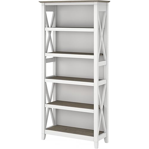 Bush Furniture BSH24470221 Key West 5-Shelf 66-Inch H Bookcase, Shiplap Gray/Pure White