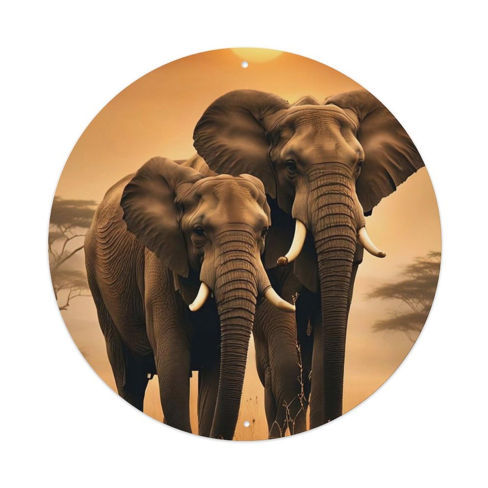 Animal Artwork Two Elephants in The Grassland Metal Tin Sign