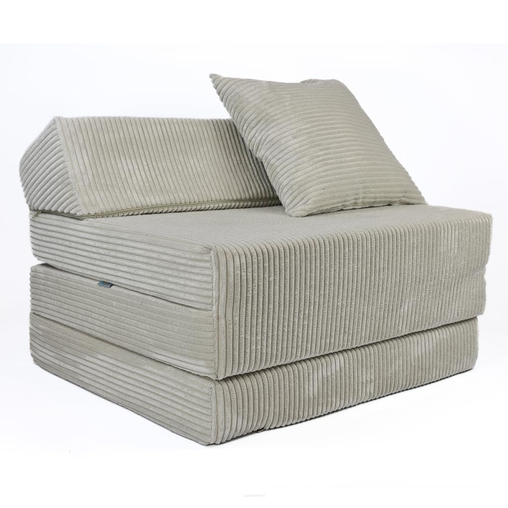FORTISLINE - Klappmatratze 200x70x10cm mit Kopfteil & Kissen – Gästebett ausklappbar für Kinderzimmer & Camping Matratze Schaumstoff – Faltmatratze tragbar – Faltbare Matratze aus Cord – Beige
