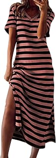 2025 - Vestido maxi de rayas de verano para mujer, manga corta y cuello en V, informal, suelto, largo de playa, vestidos de split vestidos para regordete festivo