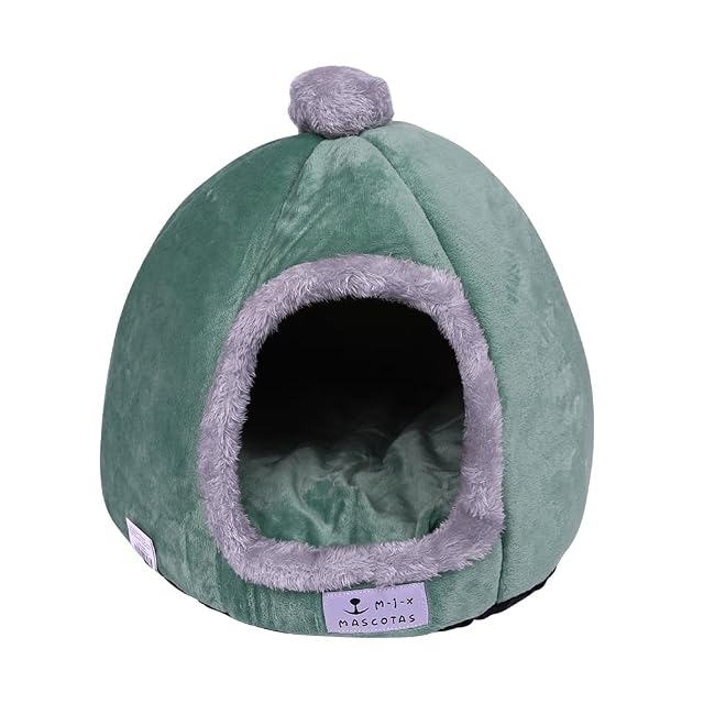 Cama Cueva Cerrado para Gato Perro pequeño Felpa cálida y Base Antideslizante Plegable fácil de Limpiar (Verde