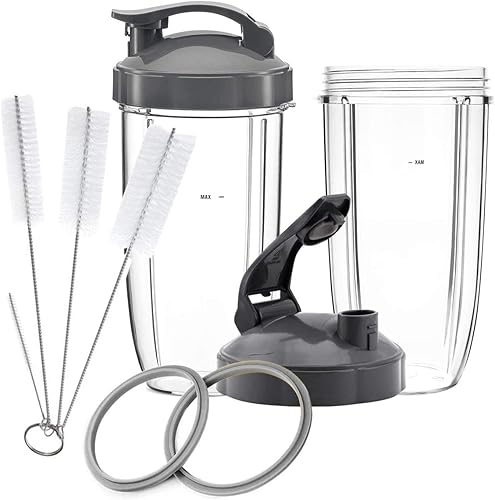 Piezas de repuesto para NutriBullet, 2 vasos altos de 32 onzas, 2 tapas abatibles para llevar, 2 juntas y cepillo limpiador para NBullet de 600 W y