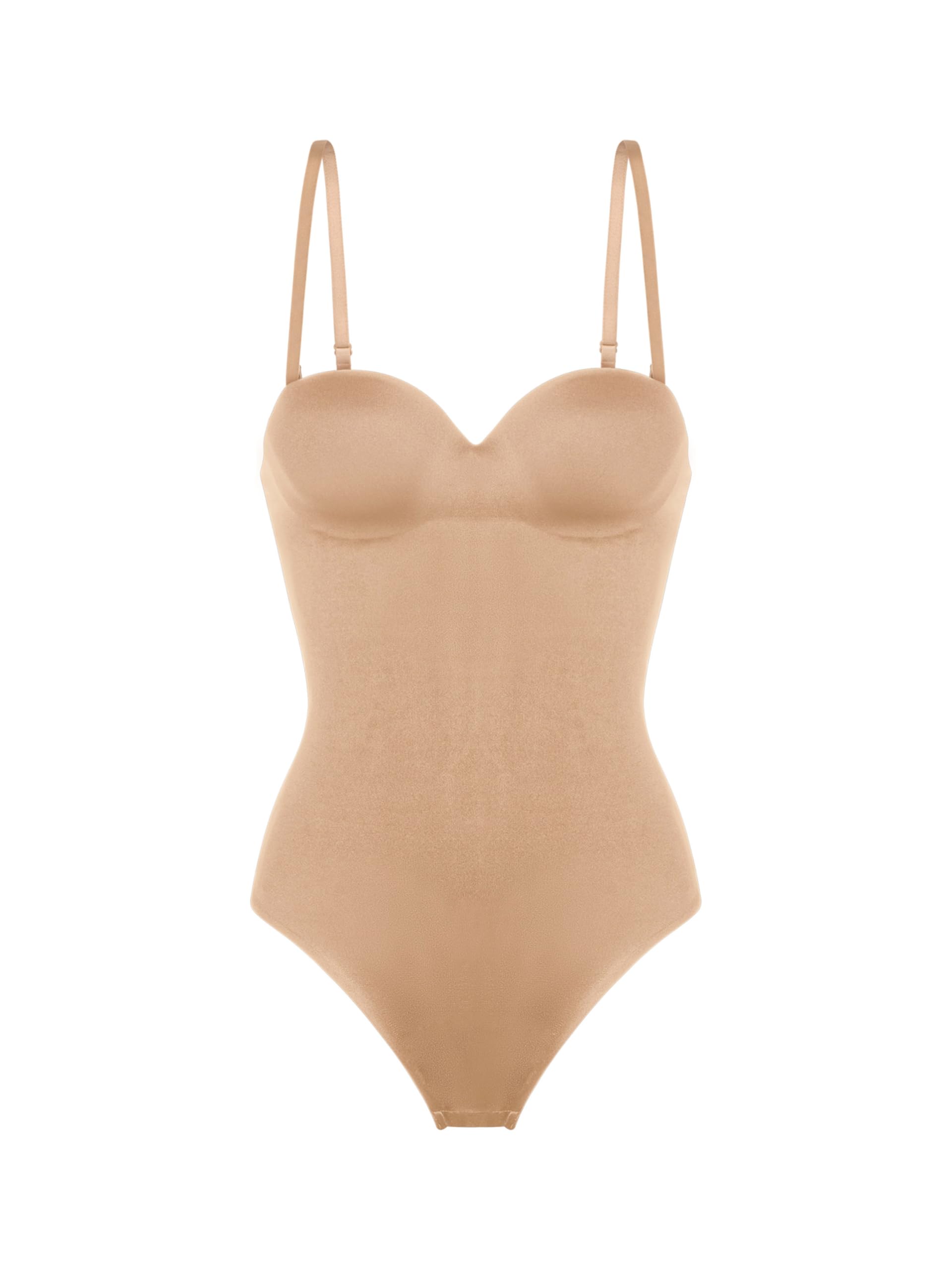 Dorina Women's Beige Sublime Sculpt Lightly Padded Thong Bodysuit, Medium Control, Hidden Wired, Wireless, Adjustable Removable Straps, Snap Crotch,