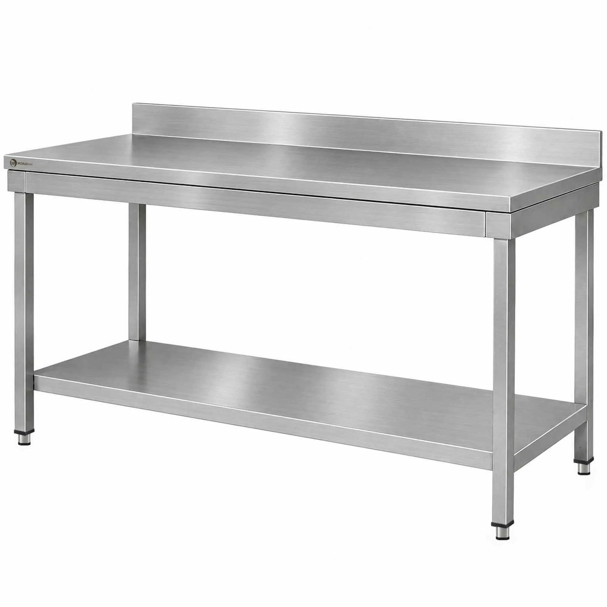 Tavolo da lavoro in acciaio inox professionale WORLDMAI 140 x 60 cm con ripiano inferiore e alzatina per ristorazione e cucina professionale.