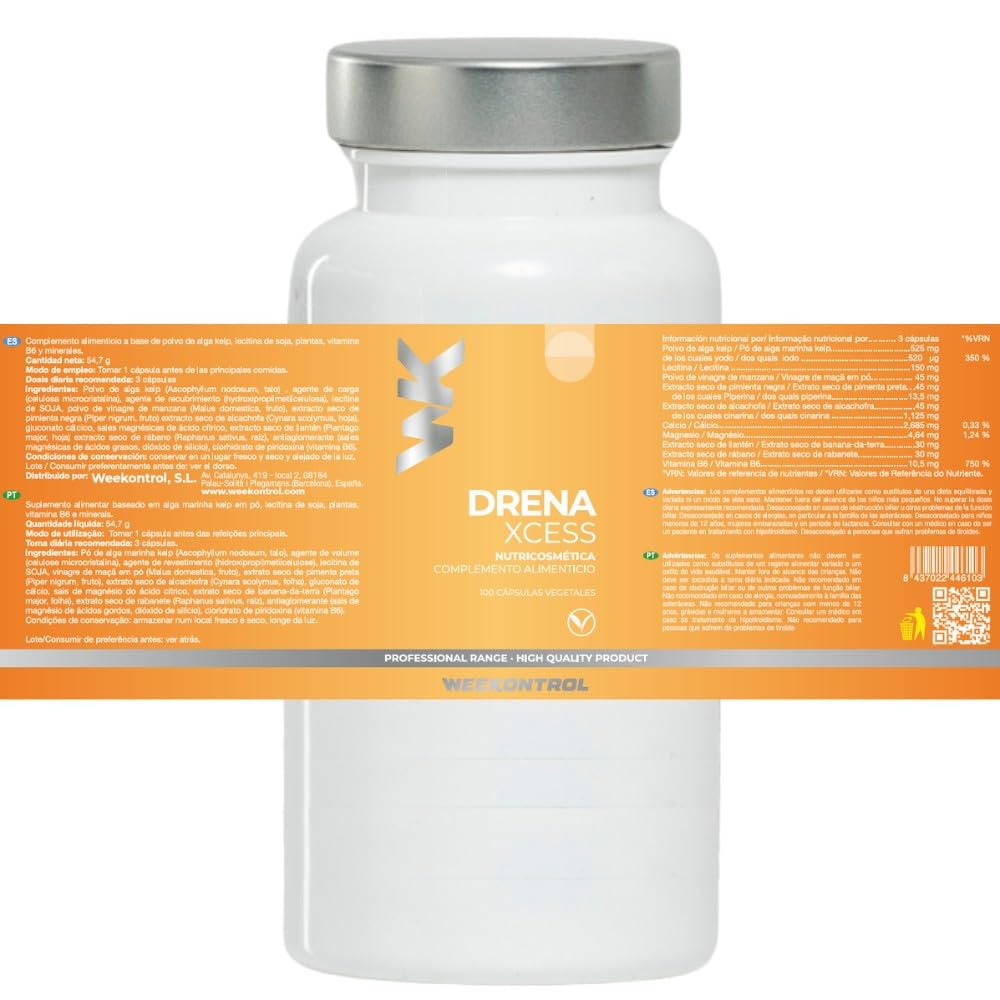 Drena Xcess Anticelulítico, Drenante, Détox para la Retención de Líquidos con Alcachofa, Vinagre de Manzana, Pimienta Negra y Vitamina b6. Diurético para Control de Peso y Piernas Cansadas