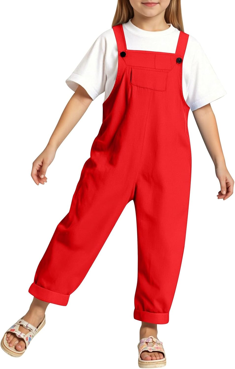 Girls Bib Overalls Summer Outfits Adjustable Strap Long Pants Casual Rompers Jumpsuits with Pockets 3-16 Years