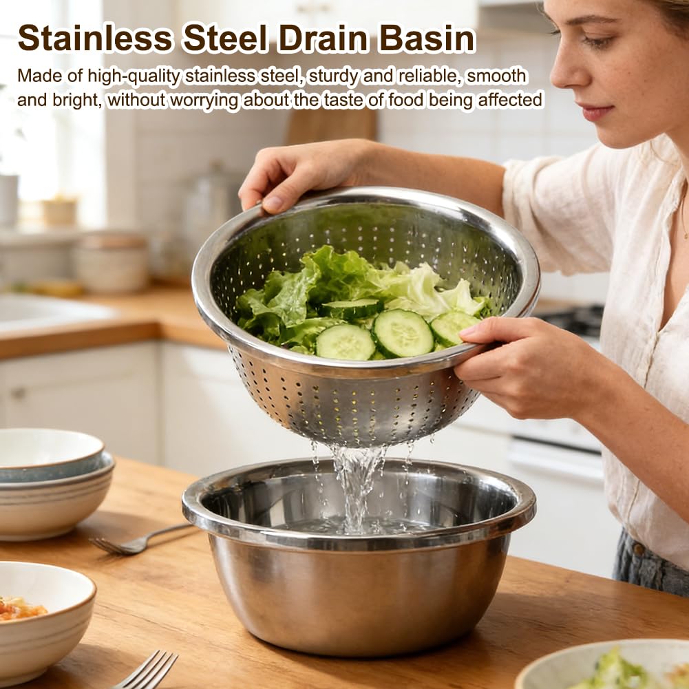 Colino per pasta in acciaio inox, colino cucina, colino per verdure, set di colino in acciaio inox, 22 cm, con ciotola, colino da cucina per lavare pasta, frutta, verdura, lavabile in lavastoviglie (2