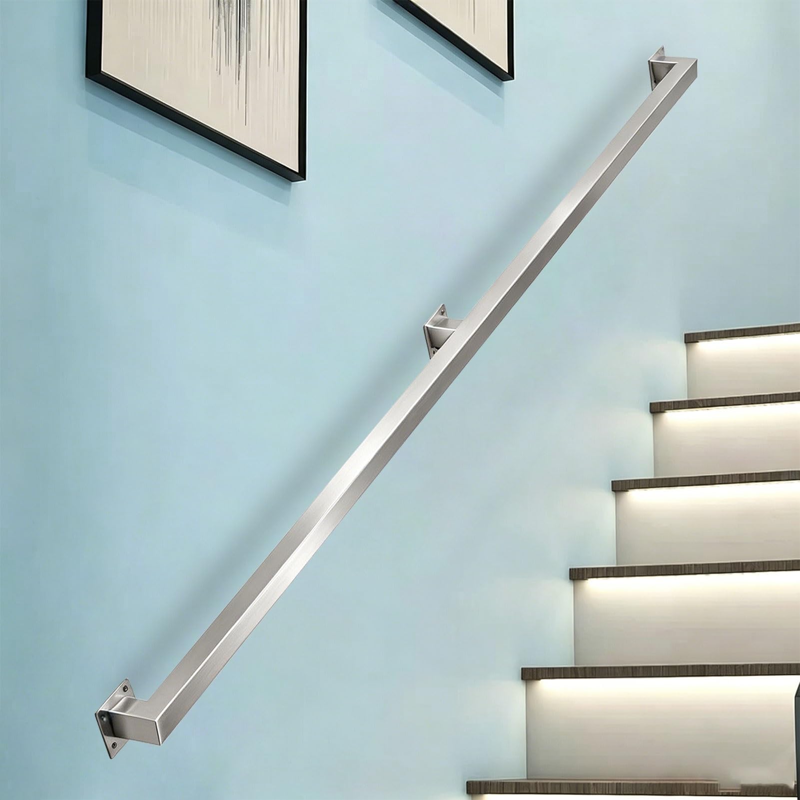 Sxbhdm One Color Stainless Steel Staircase Handrail, 1M 2M 2.5M 3M 4M 5M Wall Mount Stair Railing, Industrial Pipe Hand Rails For Indoor Stairs/Outdoor Use/Home/Loft/Porch/Deck(9.2Ft/280Cm)
