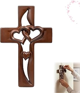 Hand-Carved Intertwined Hearts Wooden Cross, Wall Hanging Hand Carved Marriage Cross, Wooden Marriage Cross for Wall, Handmade Wood with Intertwined Hearts, for Wall Decoration