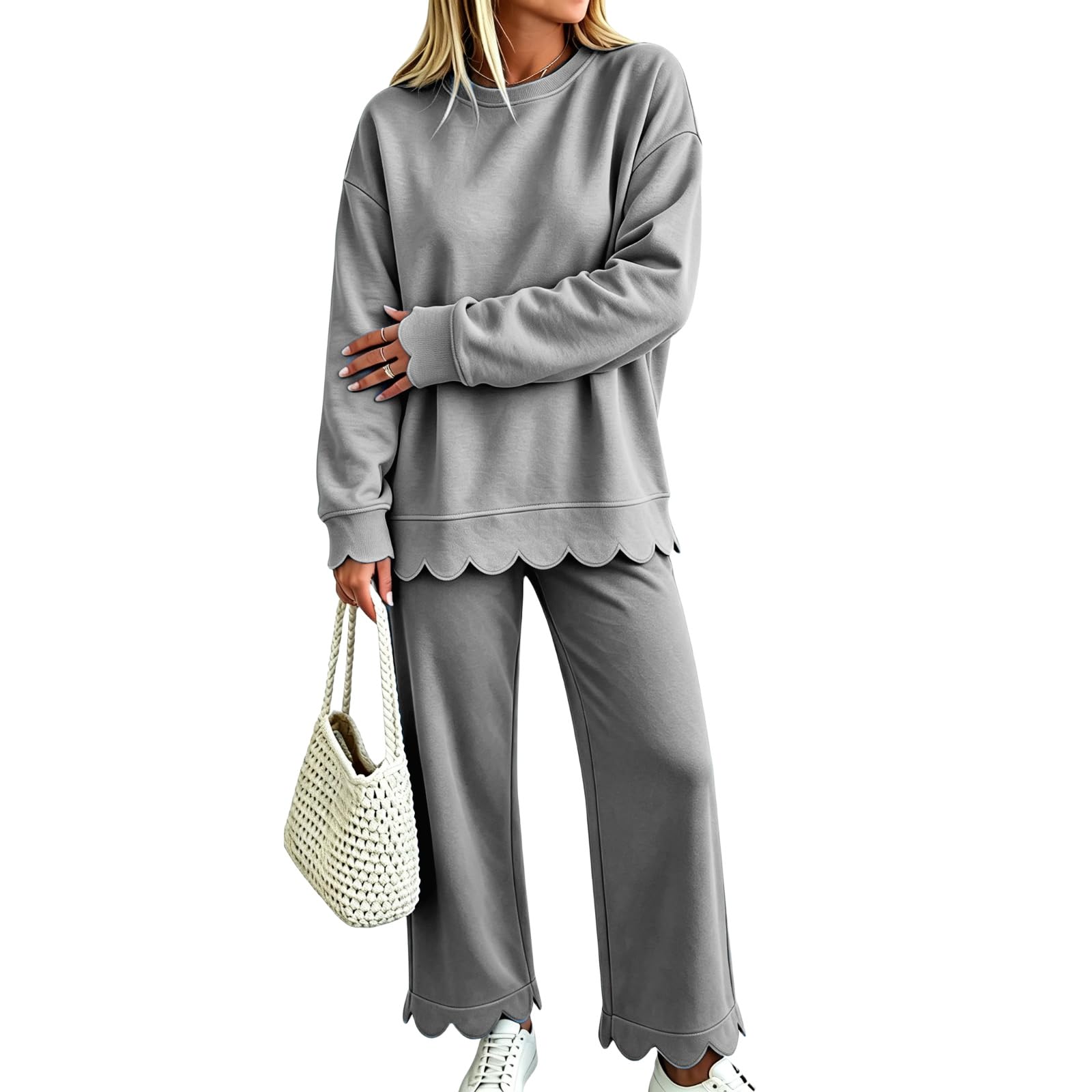 2 Piece Sets for Women Fall Crew Neck Scalloped Sweatsuit Lounge Sets