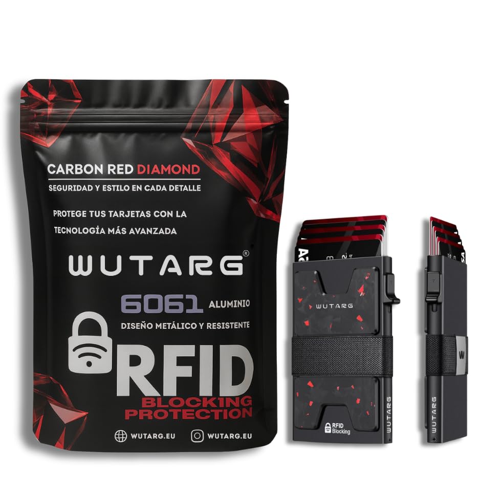 WUTARG Tarjetero RFID Hombre de Aluminio 6061 – Cartera Slim Minimalista con Botón de Expulsión Escalonada, Clip Expandible y Banda Elástica Capacidad 12 Tarjetas, Regalo Premium–Carbon Red Diamond