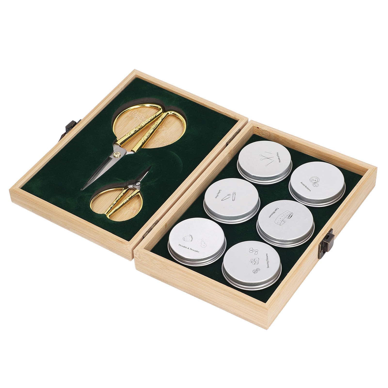 Kit de costura completo de madera con almacenamiento de doble capa, tijeras de acero inoxidable, alfileres, botones, hebillas, dedal, enhebrador y cinta métrica, ideal para