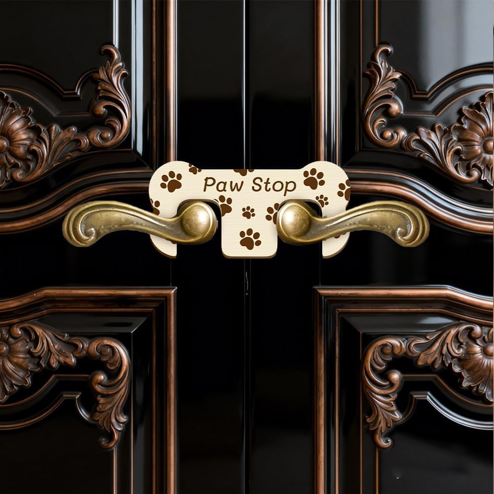 French Door Pet Lock 7.9 x 3.7 x 0.2 Inch Paw Print Pattern, Wooden Double Door Lock Cat Dog Safety Gate Accessory for Indoor Kitchens Wardrobes Living Rooms Bedrooms Bathroom Keep Pet Out image 5