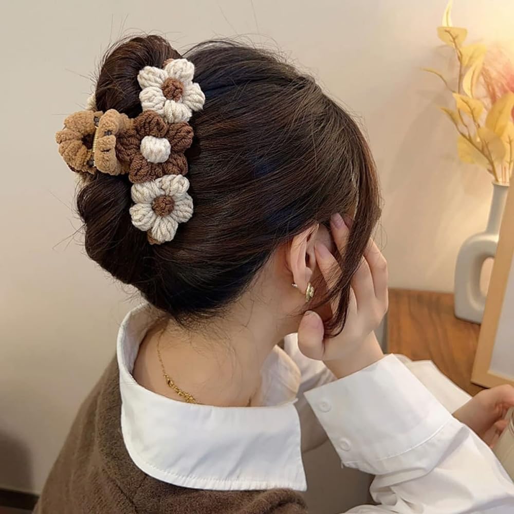 Amazon.com : Knitted Flower Hair Claw Clip, Crochet Hair Clips