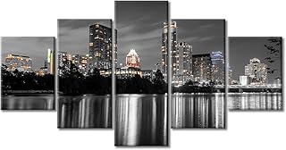 5 Piece Black and White Wall Art Austin Night Buildings Cityscape Canvas Print Wall Decorations for Living Room Austin Skyline Bedroom Decor Artwork for Home Walls Framed Ready to Hang (60" Wx 32" H)