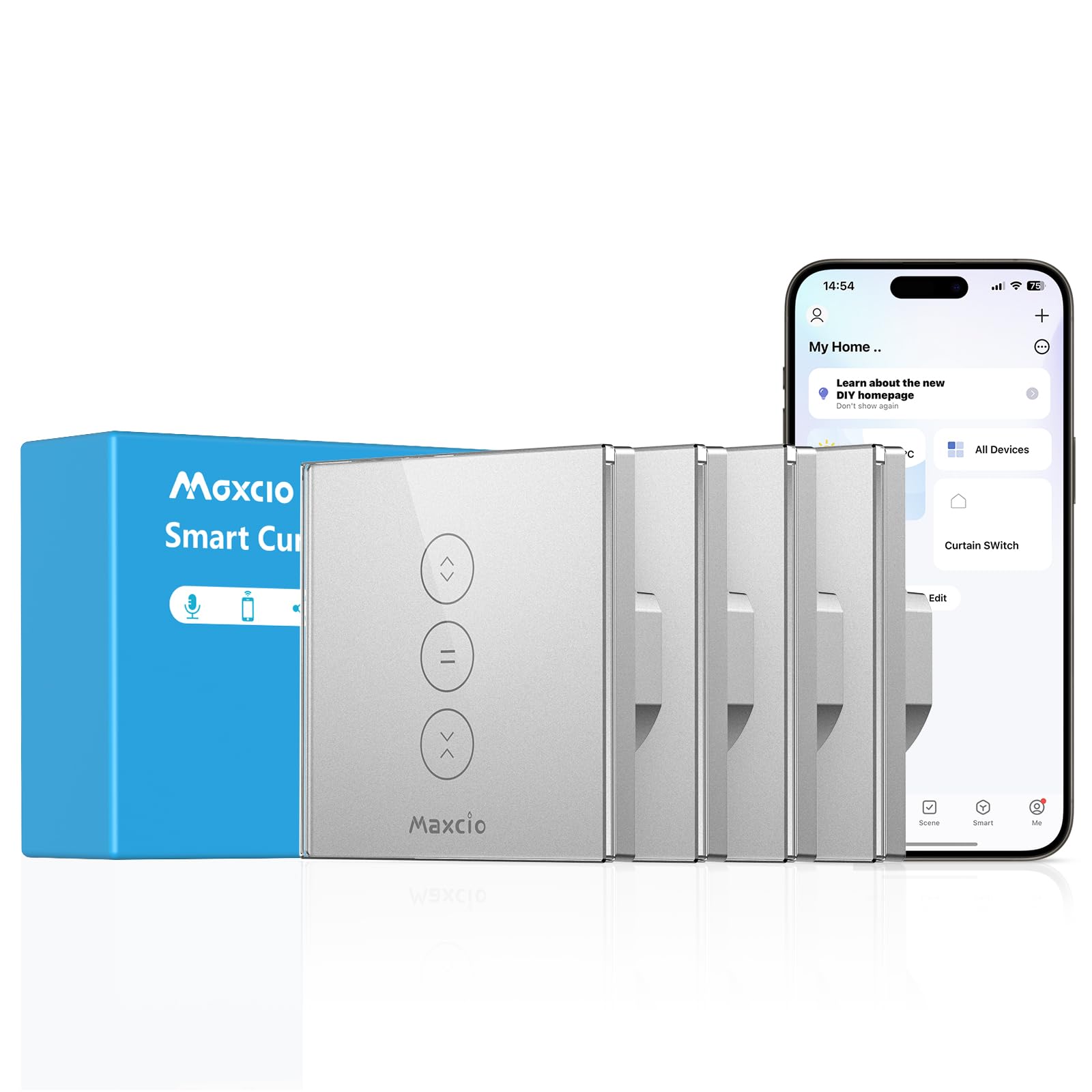Maxcio Interruttore per tapparelle WLAN compatibile con Alexa, Google Home, interruttore per tapparelle argentato, con timer e controllo vocale, interruttore touch, conduttore neutro, richiesto, 4