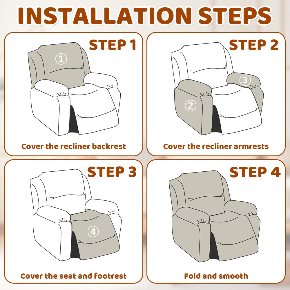 NAVESO 4 Pezzi Copripoltrona Relax Reclinabile, Copri Poltrona Elettrica con Tasche, Copripoltrona 1 Posto con Braccioli Elasticizzato per Poltrona TV, Poltronas Reclinabile (Grigio Chiaro)