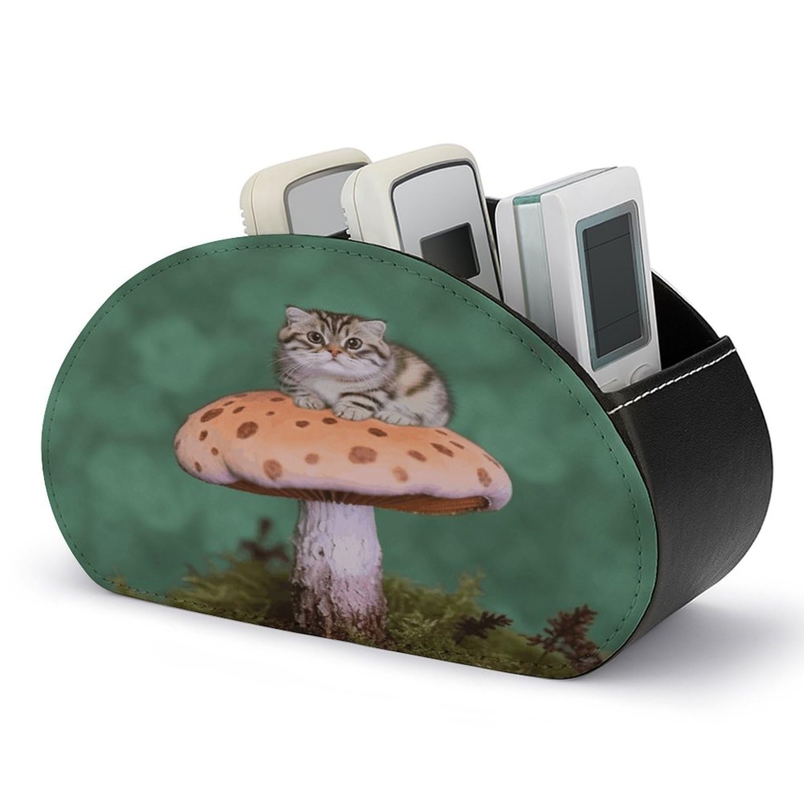 FekiLoot Cat on Mushroom Remote Control Holder with 5 Compartments Multi-functional TV Remote Caddy Organizer Leather TV Remote Holder Desktop Organizer Store for Bedside Table Office Desk