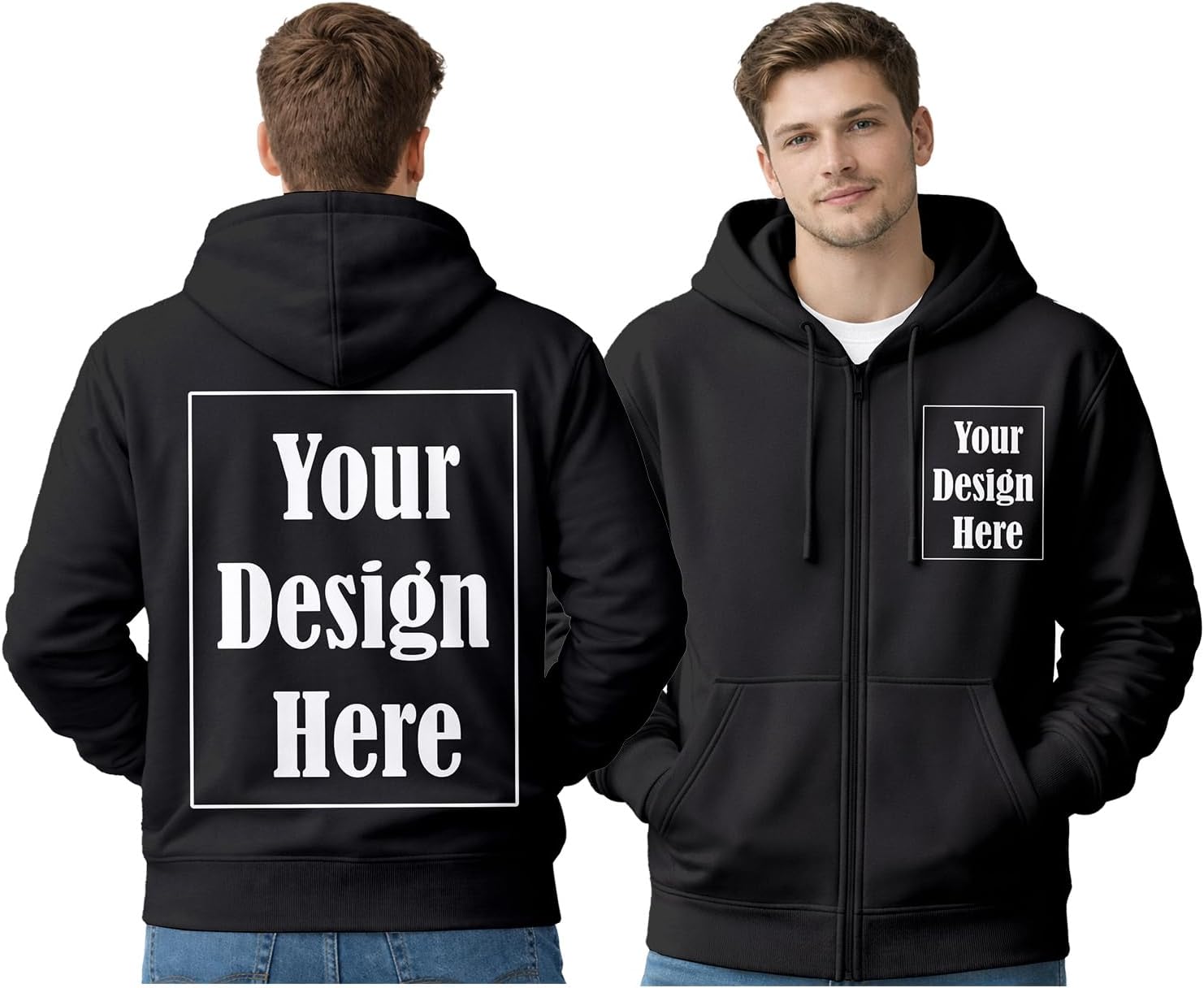 Men Custom Zip Hoodie Personalized Full Zip Sweatshirt with Front & Back Logo Text Print