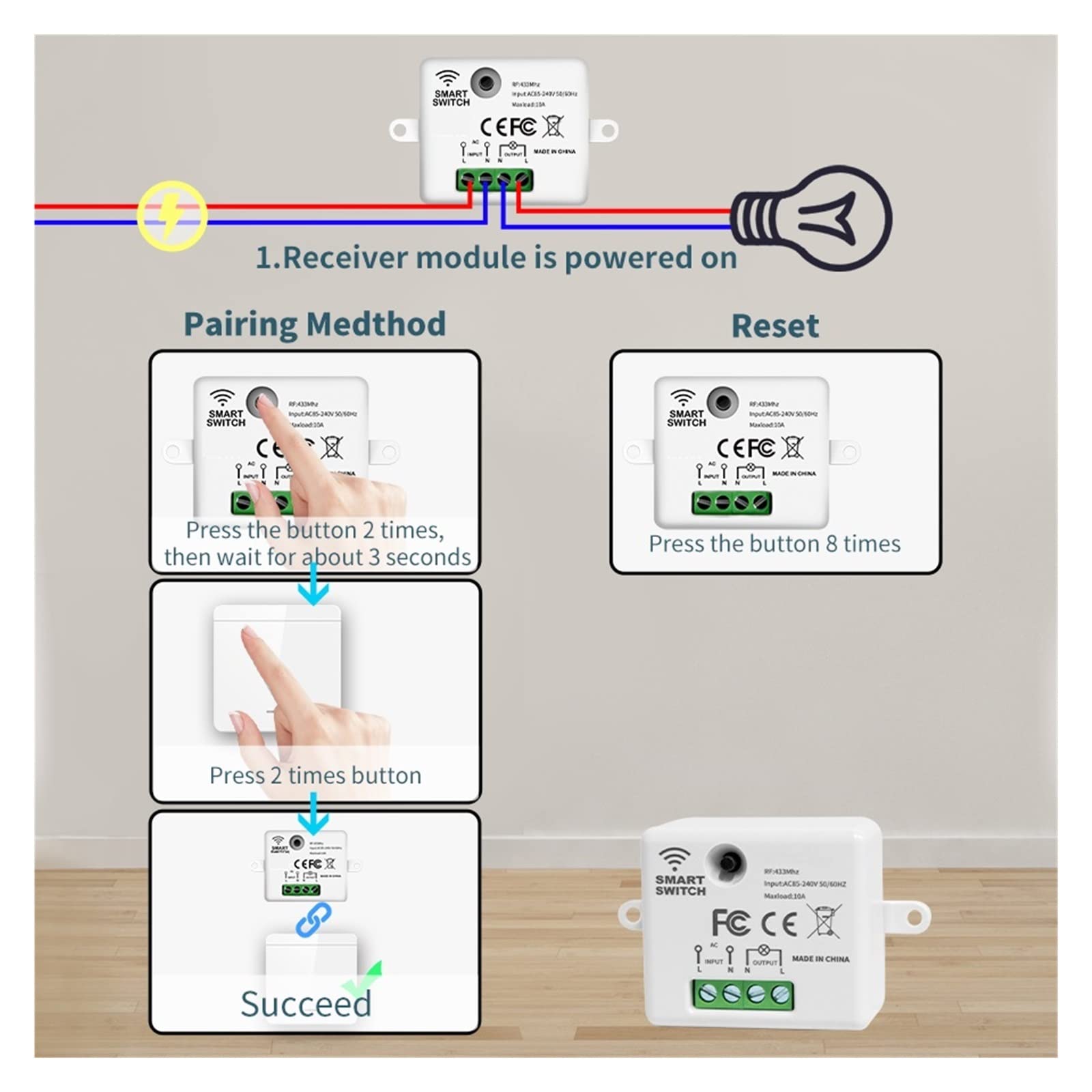 Interruptor de luz táctil, Interruptor de luz inalámbrico inteligente de 1/2/3 entradas Control remoto 86 Panel de pared botón pulsador 10A receptor for LED/ventilador(3Receiver1Switch)