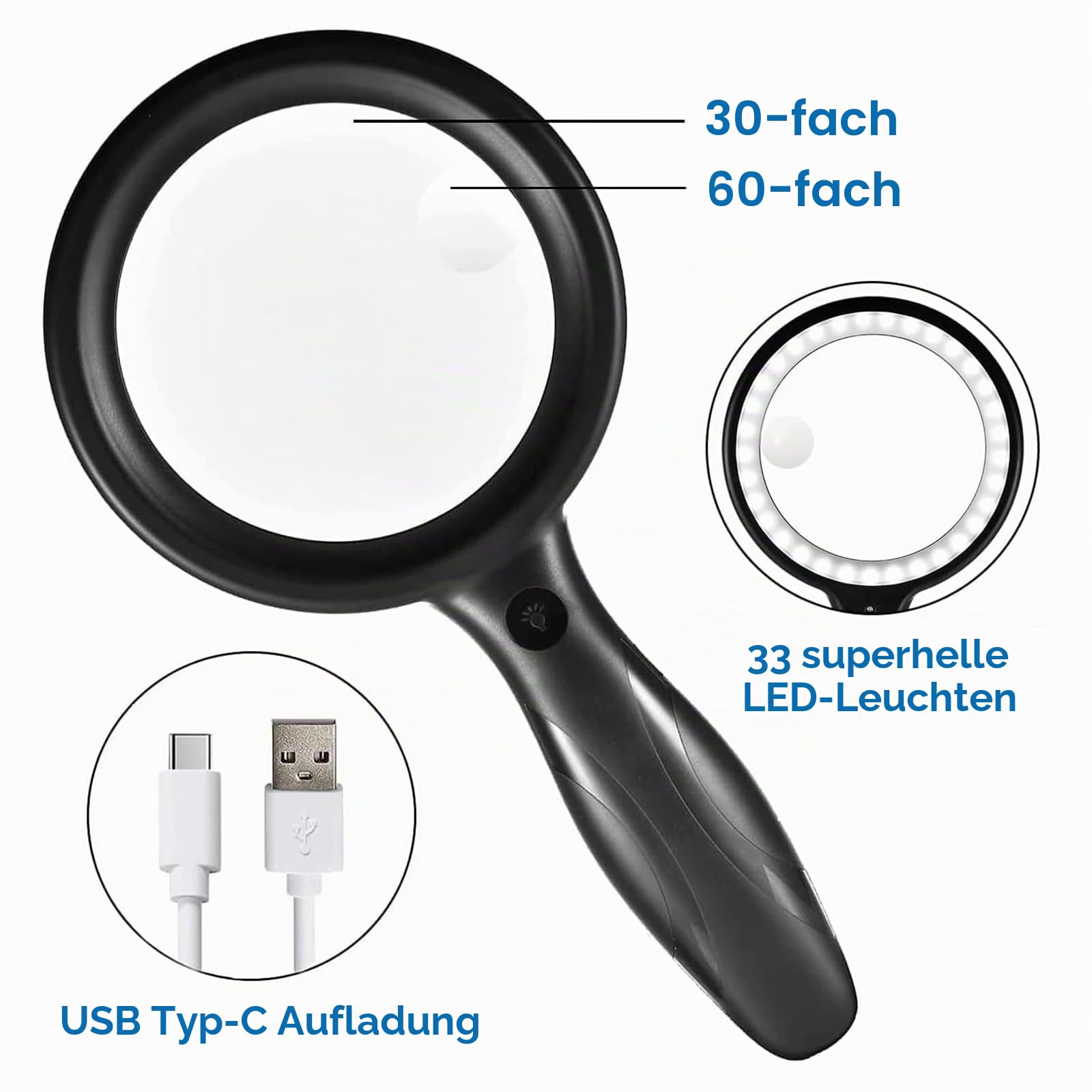 Lupe mit Licht, 60 Fach 30 Fach 33 LED Handlupe 30X Leselupe mit Licht, USB-Aufladung Lupe 3 Modi Leselupe für Senioren, Kinder, Juwelier, Hobbies