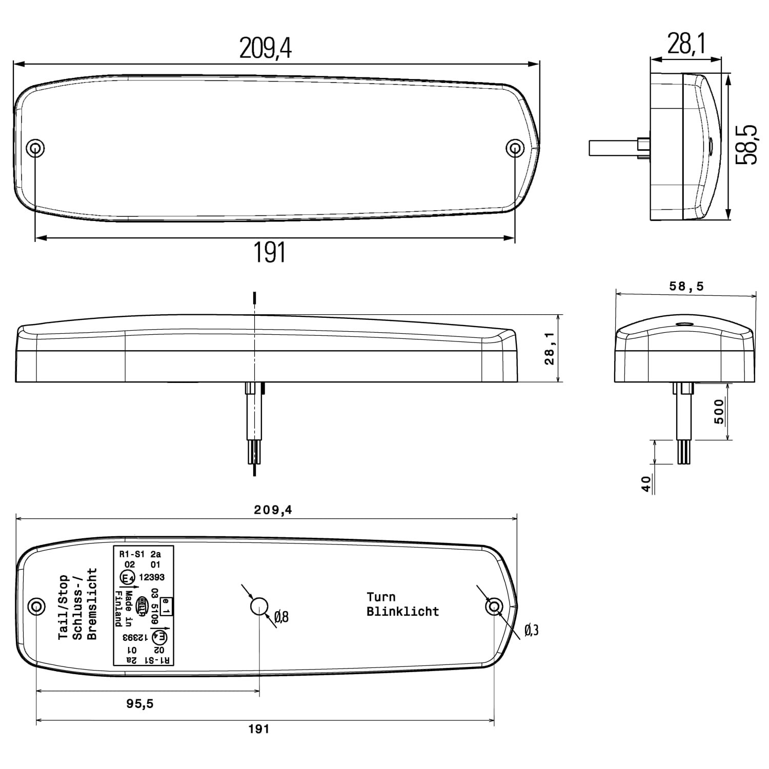 HELLA 2SD 343 910-001 Piloto posterior - Lean LED - LED - 12/24V - montaje exterior - Color de tulipa: transparente - Cable: 500mm - derecha/izquierda