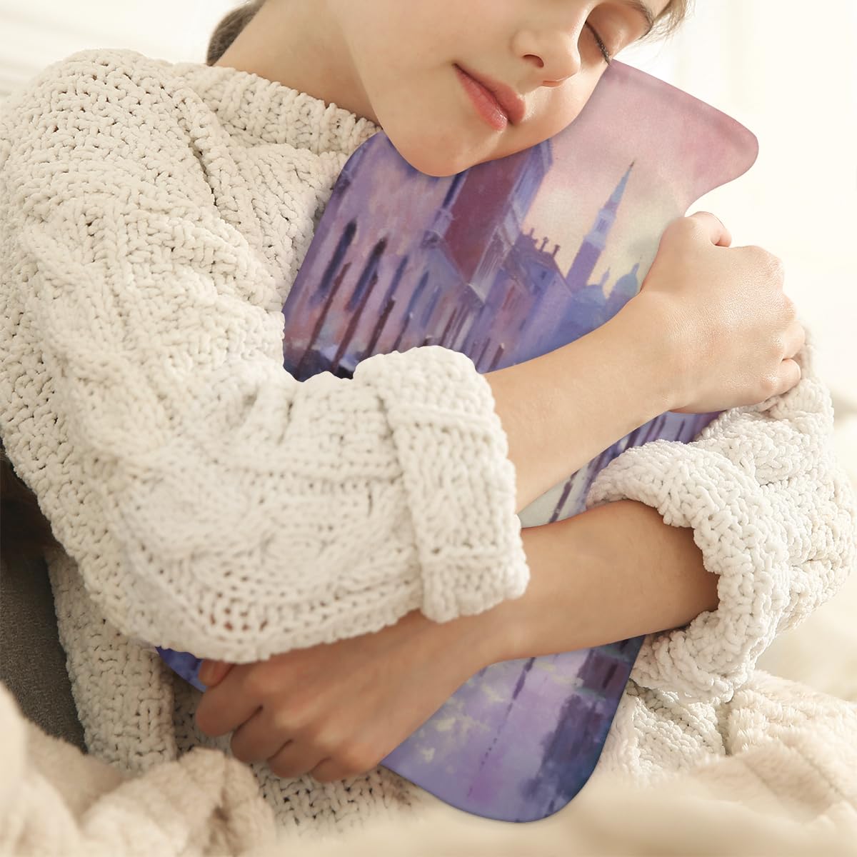 Hot Water Bottle with Soft Cover,2L Oil Painting City Hot Water Bag for Hot and Cold Compress, Hand Feet Warmer, Watercolor City Rubber Hot or Cold Water Bottle Halloween Christmas Decorations