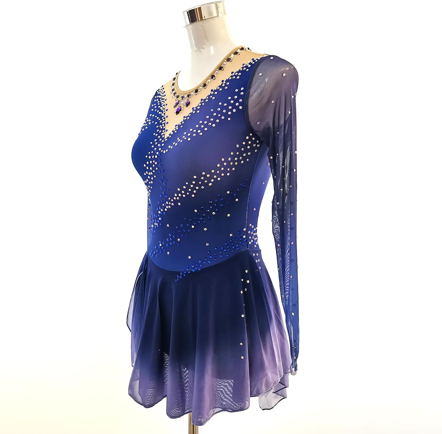 LIUHUO Ice Figure Skating Dress Girls' Elegant Blue Crystal Long Sleeves Competition Performance