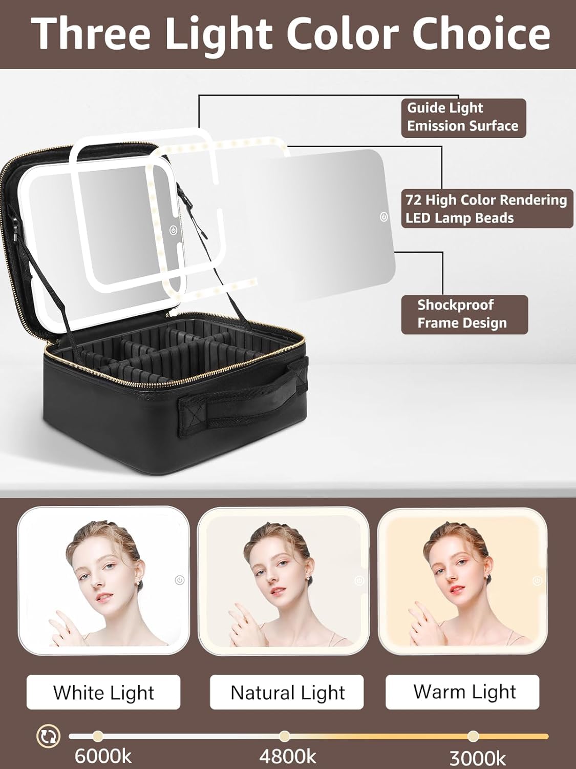 Friza Travel Makeup Case With Led Light Mirror, Waterproof Vanity Bag With 3 Adjustable Color Brightness Cosmetic Bag Train Case Organizer With Adjustable Dividers (Black) - Image 2 thumbnail