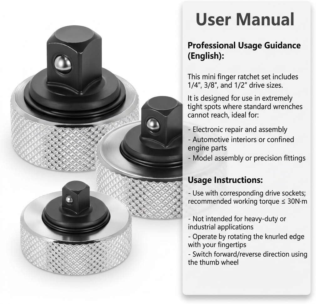QWORK 3Pcs Mini Finger Ratchet Set - 1/4", 3/8", 1/2" Drive Sizes, Reversible Thumb Wheel Ratchet Wrench for Tight Spaces