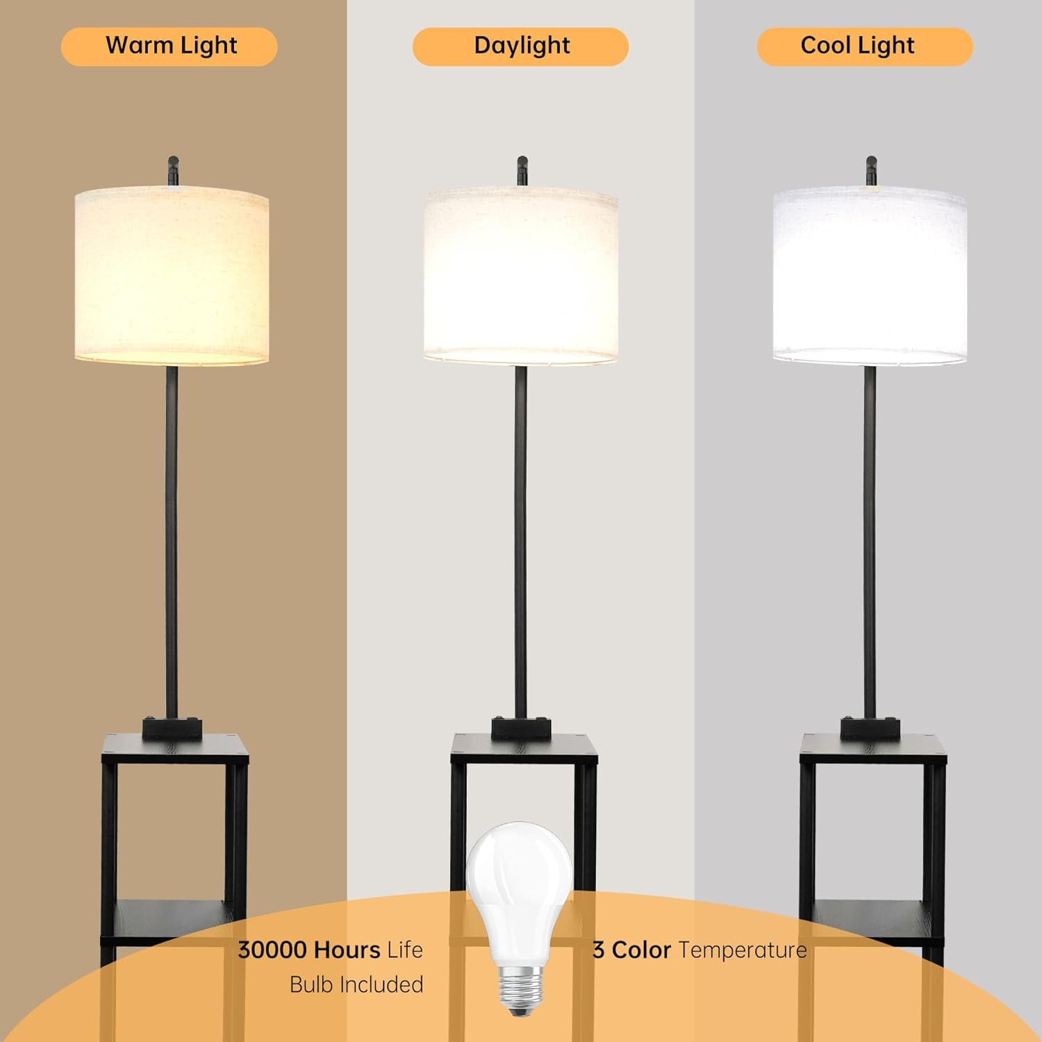 Floor Lamp with Table, Narrow Side Table with USB-A/USB-C Charging Station and AC Port, 3 Color Temperatures 12W LED Bulb, End Table for Bedroom, Living Room and Home Office, Black