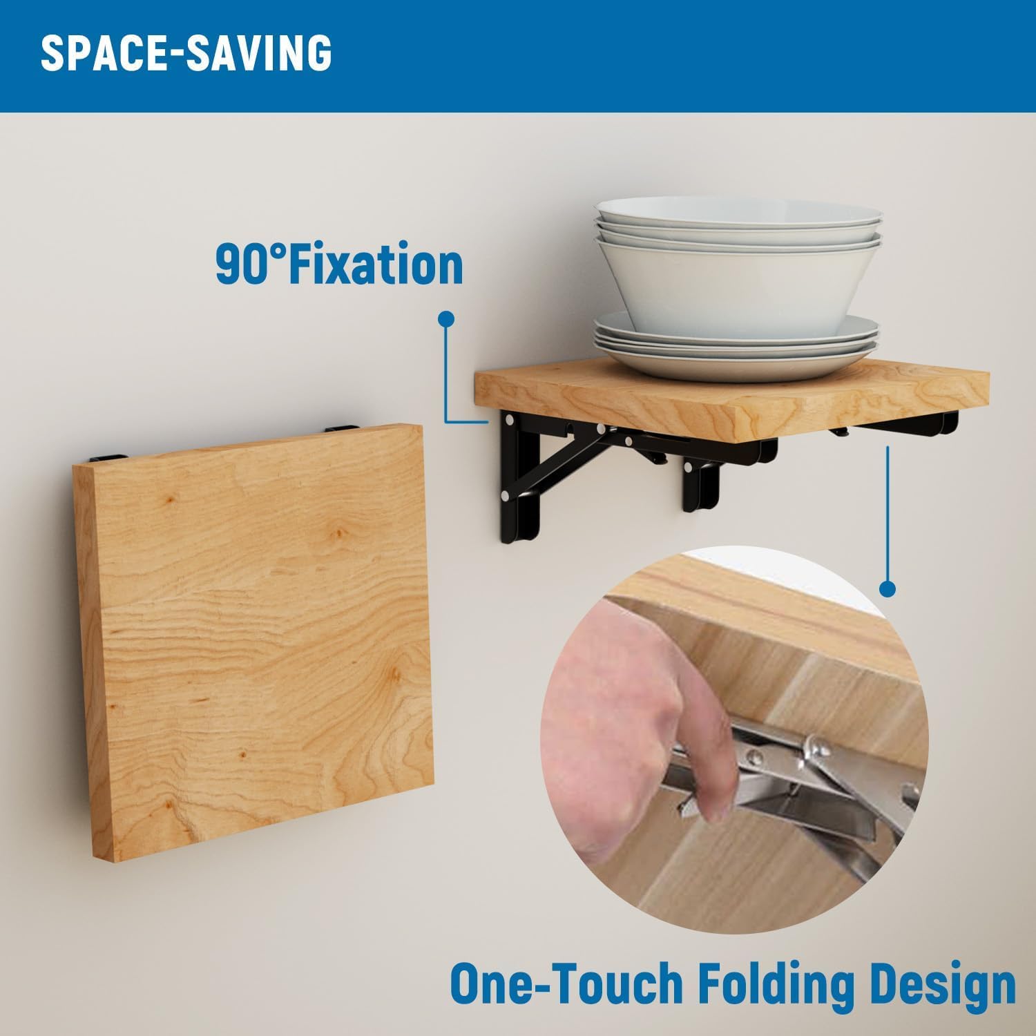 LEOPO 8 inch Folding Shelf Brackets-2 Pack Foldable Heavy Duty Triangle Collapsible Wall Mounted Brackets for Fold Down Table, Space Saving for Bench Table with Screws, Black