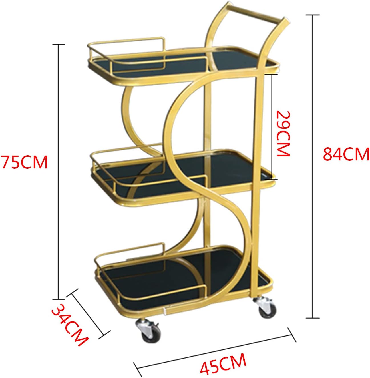 3-Layer Trolley, Gold/Black Beauty Equipment Trolley Storage Rack, Movable Household Kitchen Trolley, Trolley, Dining Trolley and Cake delivery,Gold-45x34x84cm