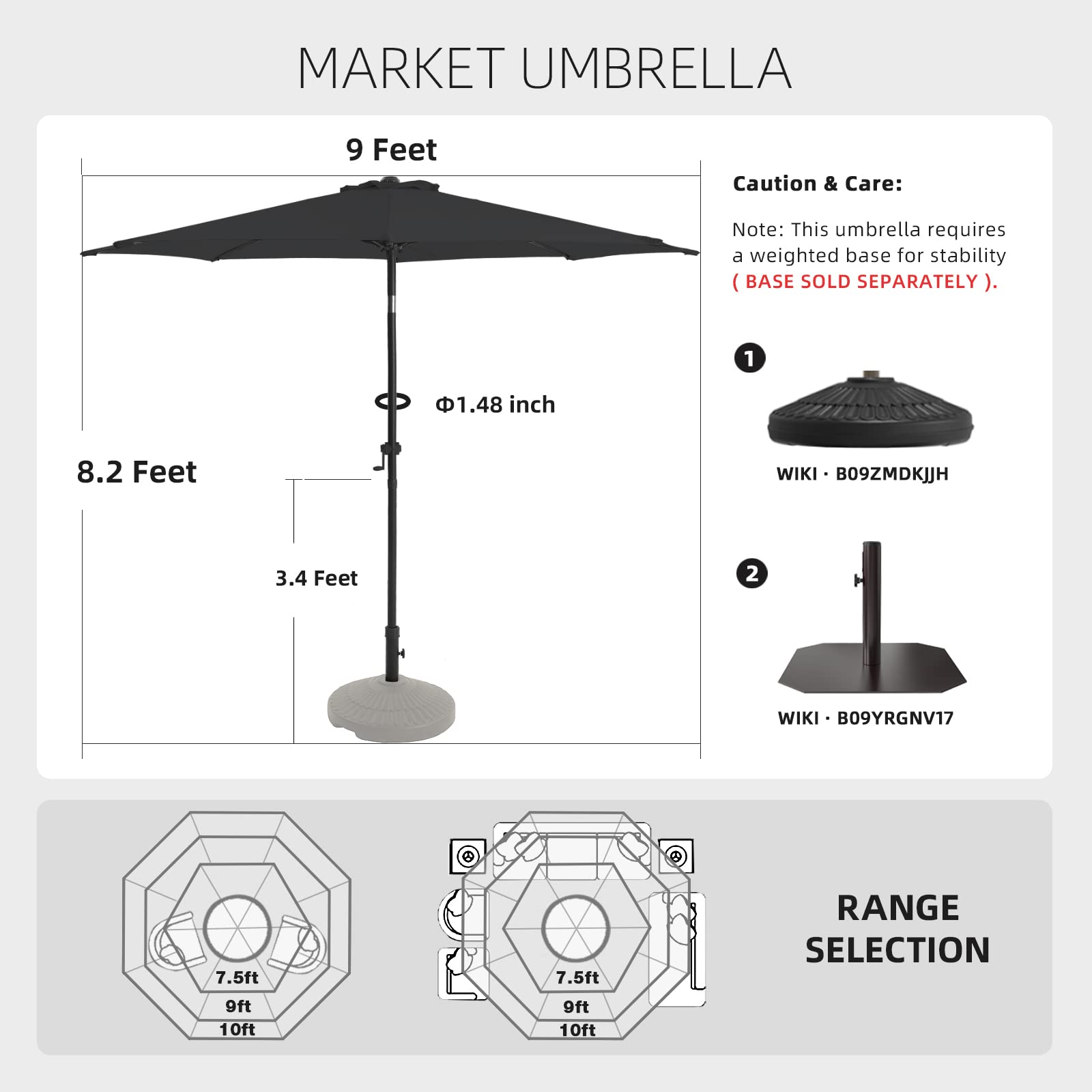 wikiwiki 9 FT Patio Umbrellas Outdoor Table Market Umbrella with Push Button Tilt/Crank,8 Sturdy Ribs, Fade Resistant Waterproof POLYESTER DTY Canopy for Garden, Lawn, Deck, Backyard & Pool, Black