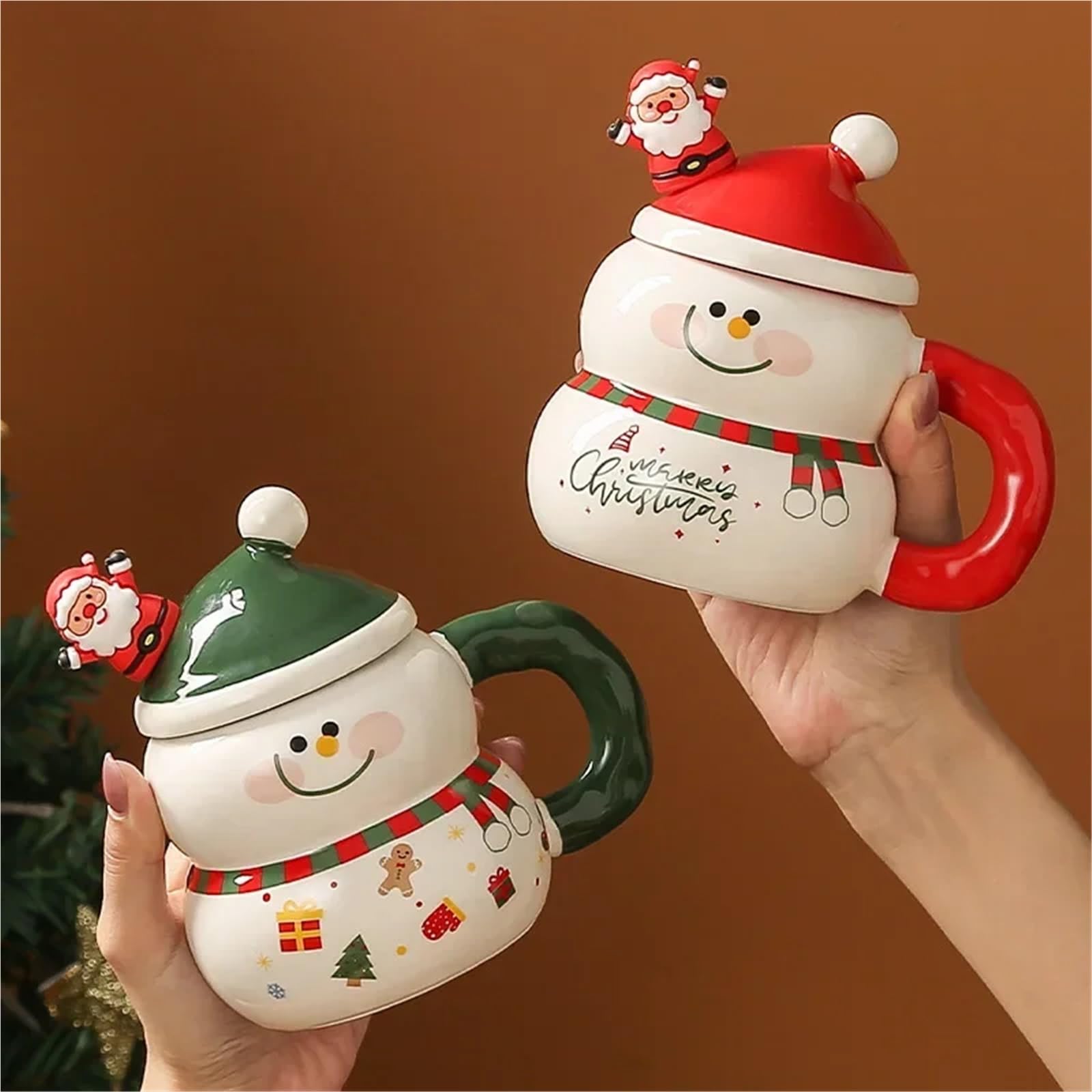 400ML Keramik Becher Weihnachten Schneemann Weihnachten Tasse Mit Deckel Griff Paar Milch Kaffee Tasse for Zuhause für Kaffee(Green02)