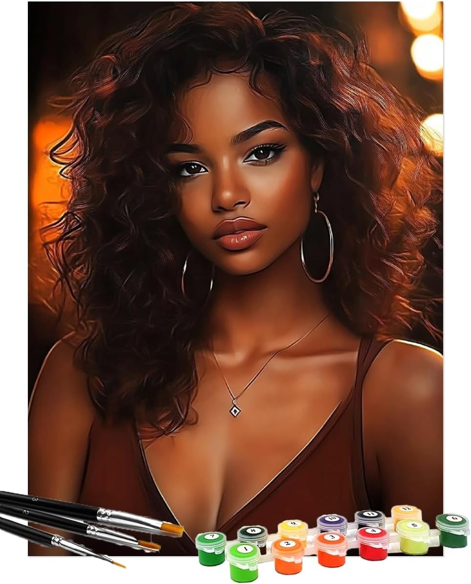 African American Curly Hair Woman Paint by Numbers Kit for Adults Beginner 12x16 Inch Acrylic Oil Painting by Numbers Kits with PaintBrushes Art Crafts Canvas for Home Decor 3448
