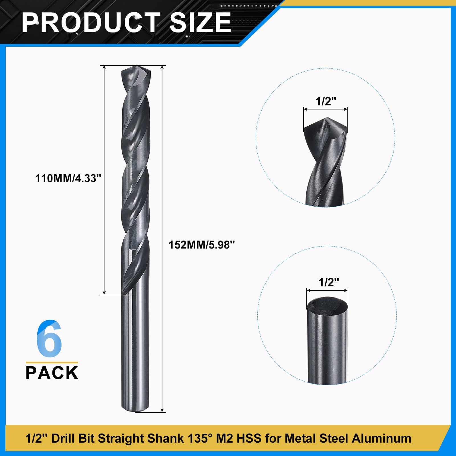 PATIKIL 12.7mm Drill Bit 1/2", Jobber Straight Shank M2 High-Speed Steel 135° Nitriding Black for Stainless Steel Hard Metal - 6 Pack - Image 2
