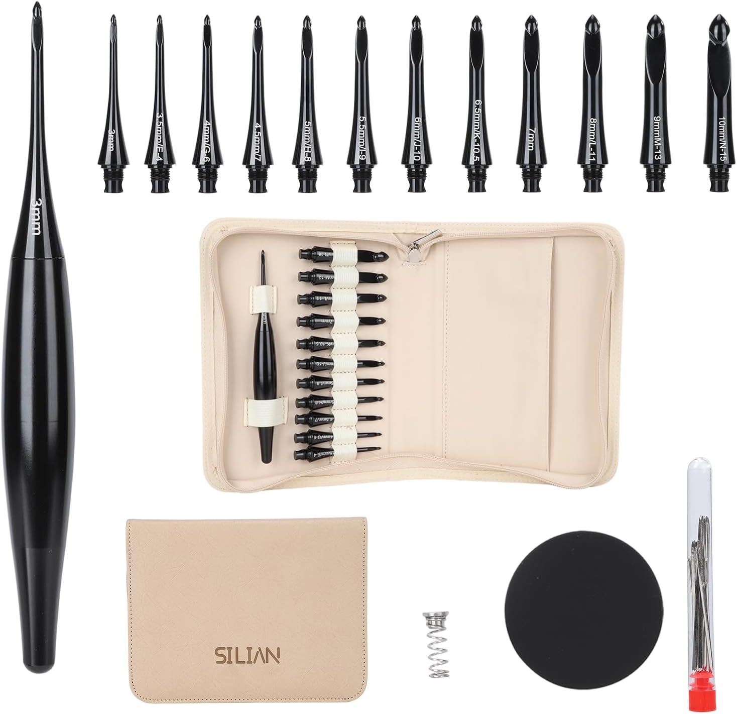 liomey Interchangeable Crochet Hook Set US Sizes E-4 to N-15 (3mm-10mm) with 12 Hooks Ergonomic Oxidation Handles Crochet Kit for Beginners and Experts, Durable Aluminum Hooks for Yarn Craft