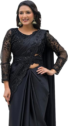 SIRIL Women's Satin Sequins Embroidery Saree with Unstitched Blouse Piece