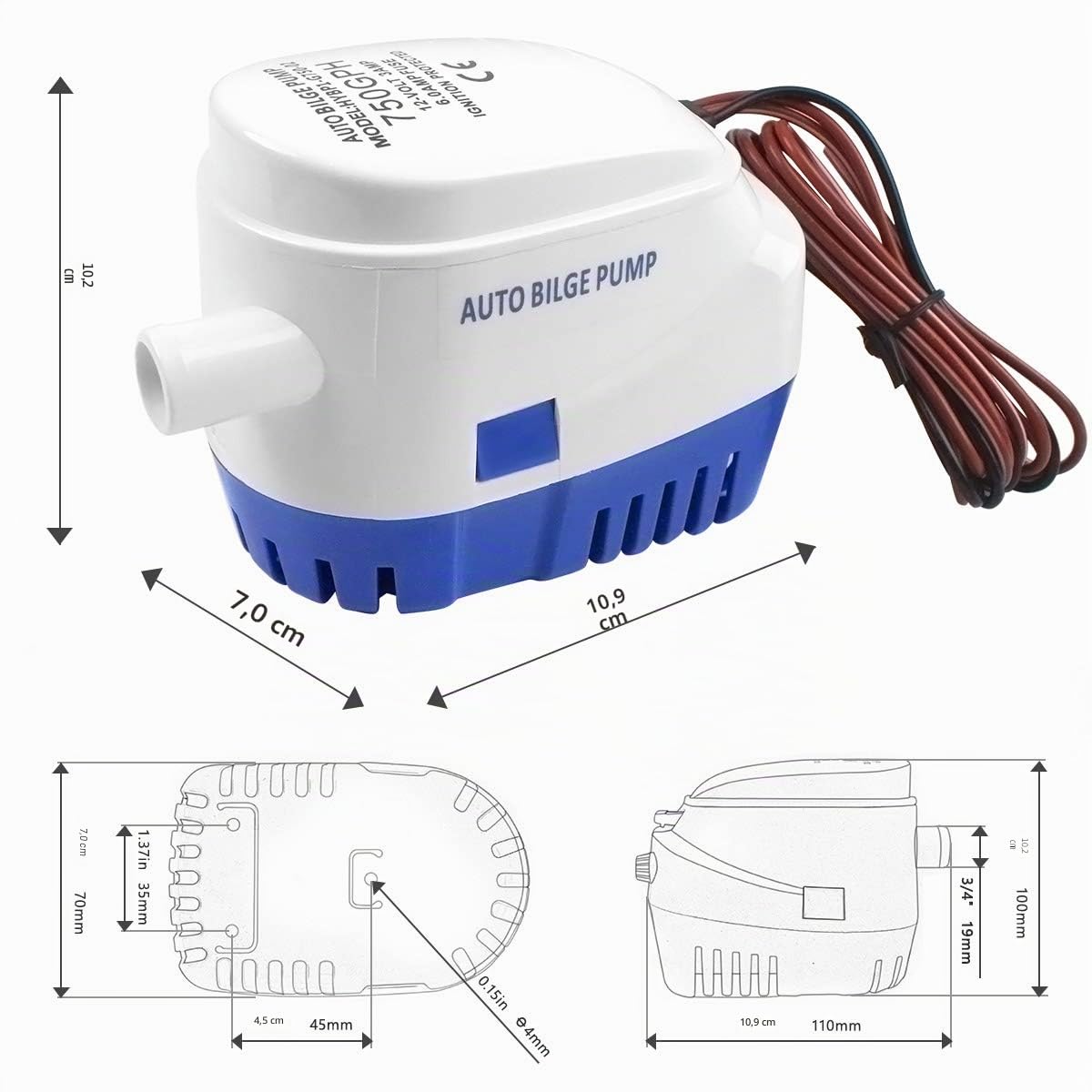 BACOENG Pompe di sentina automatica 12V, 750GPH/ 47LPM con Interruttore a Galleggiante