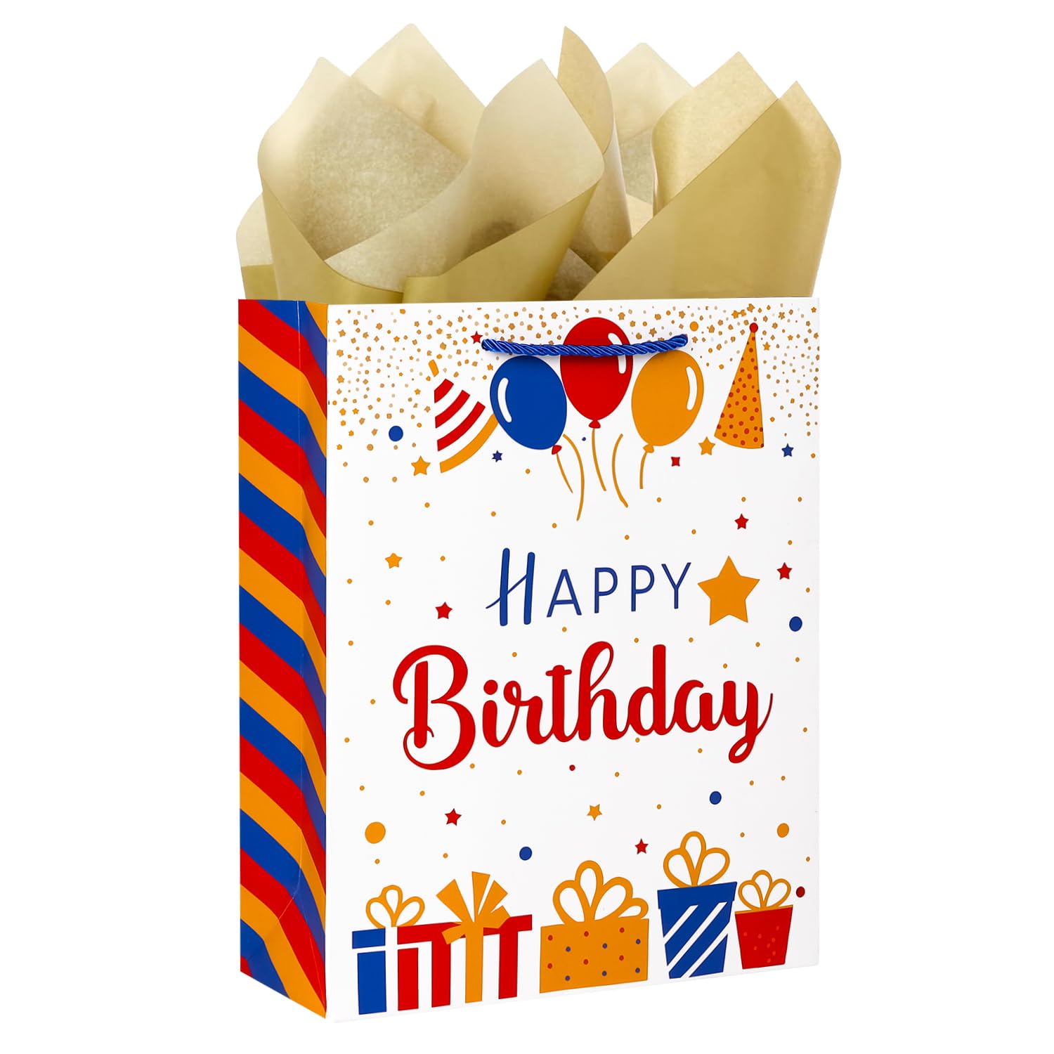 Ssyuysto Birthday Gift Bag 33cm White Happy Birthday Gift Bags with Gold Tissue Paper Gift Tag Balloon Party Gift Bag with Royal Blue Rope Handles for Women Men Teens Kids HBD Present Wrapping
