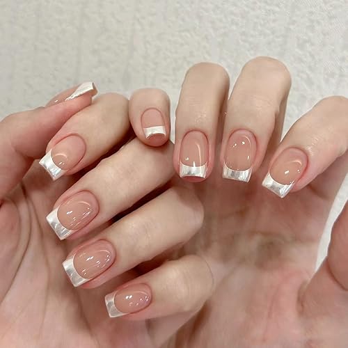 French Tip Press on Nails Medium Length Square Almond Fake