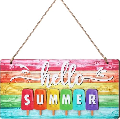 Hello Summer Plaque en métal à suspendre Motif popsicle en métal rétro vintage Décoration murale 20,3 x 30,5 cm