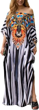 IMAGEKOPE Womens Plus Size Loose Fit Moroccan Print V-Neck Batwing Kaftan Beach Dress Bathing Suit Cover Up